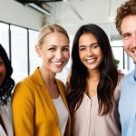 **

Prompt: A diverse group of smiling professionals collaborating in a bright, modern office space. Emphasize teamwork, positive energy, and open communication. Soft, warm lighting, focus on happy facial expressions. Concept: Happiness at work through belonging and positive relationships.

**