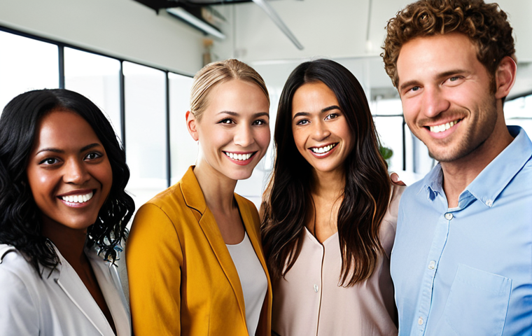**
Prompt: A diverse group of smiling professionals collaborating in a bright, modern office space. Emphasize teamwork, positive energy, and open communication. Soft, warm lighting, focus on happy facial expressions. Concept: Happiness at work through belonging and positive relationships.
**
