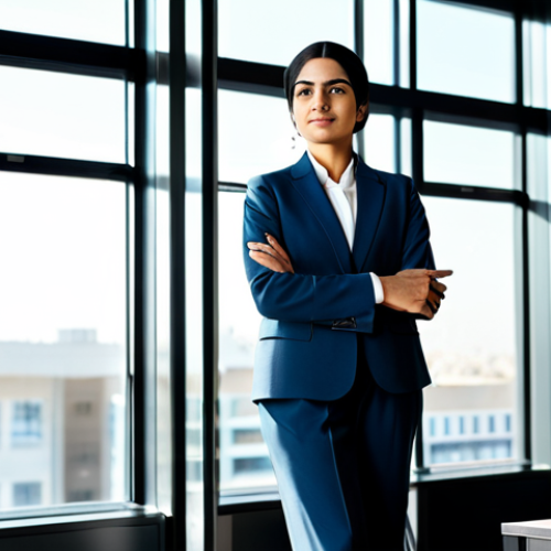 Home 15 **Prompt 1:** A serene Arab woman in a modest, professional business suit, standing confidently in a modern, sunlit office. She is looking out a large window, a calm and empowered expression on her face, reflecting a sense of financial peace and freedom. The office is clean and minimalist, suggesting clarity and control. Professional photography, high resolution, natural light, safe for work, appropriate content, fully clothed, modest clothing, perfect anatomy, correct proportions, natural pose, well-formed hands, proper finger count, natural body proportions, family-friendly.