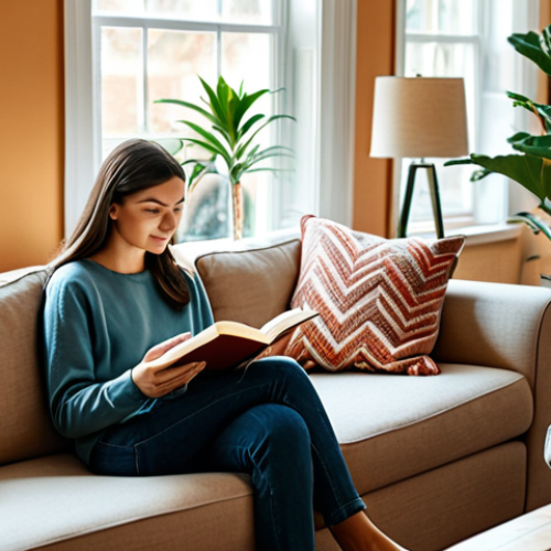 Home 14 **
"A cozy living room decorated in warm colors, featuring indoor plants and comfortable seating. A fully clothed woman is reading a book in a relaxed pose. Soft, natural light fills the room. Safe for work, appropriate content, professional interior design, perfect anatomy, correct proportions, family-friendly, fully clothed, modest clothing, high quality."
**