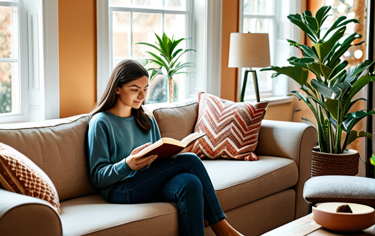 **
"A cozy living room decorated in warm colors, featuring indoor plants and comfortable seating. A fully clothed woman is reading a book in a relaxed pose. Soft, natural light fills the room. Safe for work, appropriate content, professional interior design, perfect anatomy, correct proportions, family-friendly, fully clothed, modest clothing, high quality."
**