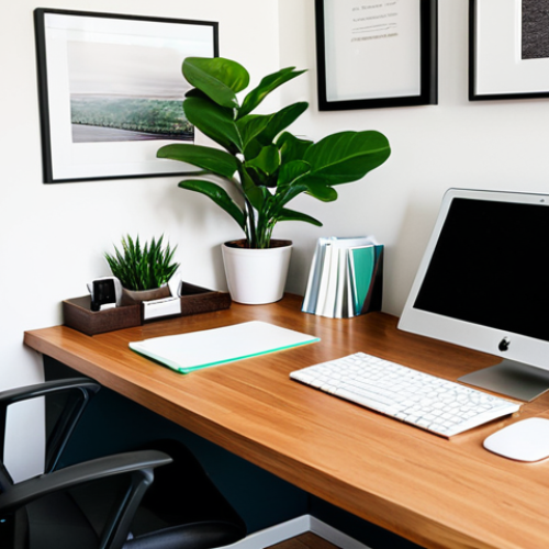 Home 5 행복한 직장 만들기 - **Inspired Personal Workspace:** A brightly lit, organized personal office desk bathed in warm, natu...