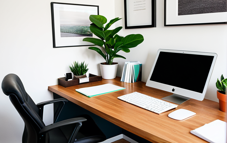 행복한 직장 만들기 - **Inspired Personal Workspace:** A brightly lit, organized personal office desk bathed in warm, natu...