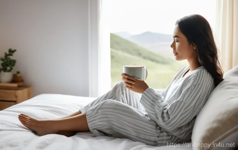 행복을 위한 나만의 루틴 만들기 - **Prompt:** A serene and minimalist bedroom in the soft glow of early morning sunlight. A person in ...