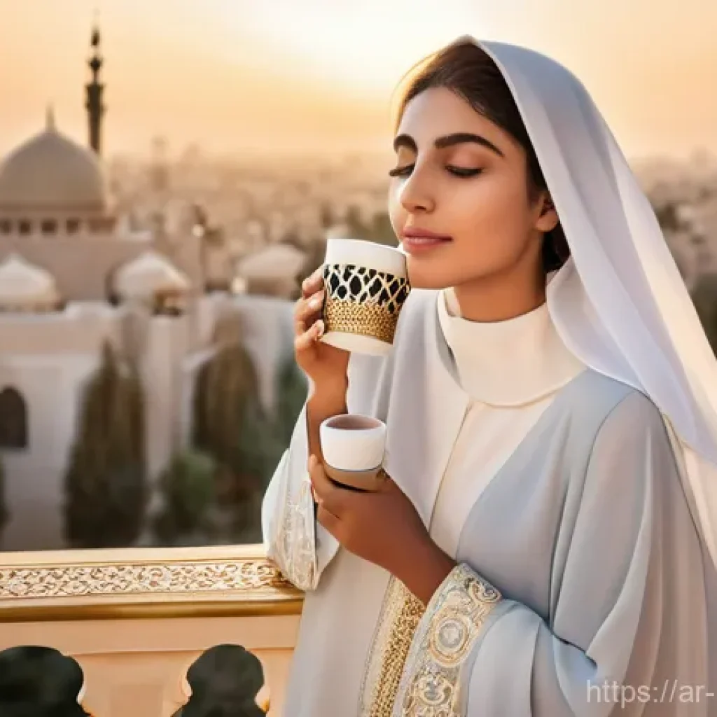 행복을 찾기 위한 여행 - **Prompt:** A serene and elegant young Arab woman, dressed in a flowing, modest yet stylish abaya in...