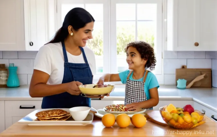 행복을 위한 건강한 식습관 - **Prompt:** A heartwarming scene in a modern Arabic kitchen, where a cheerful young Arab mother, mod...