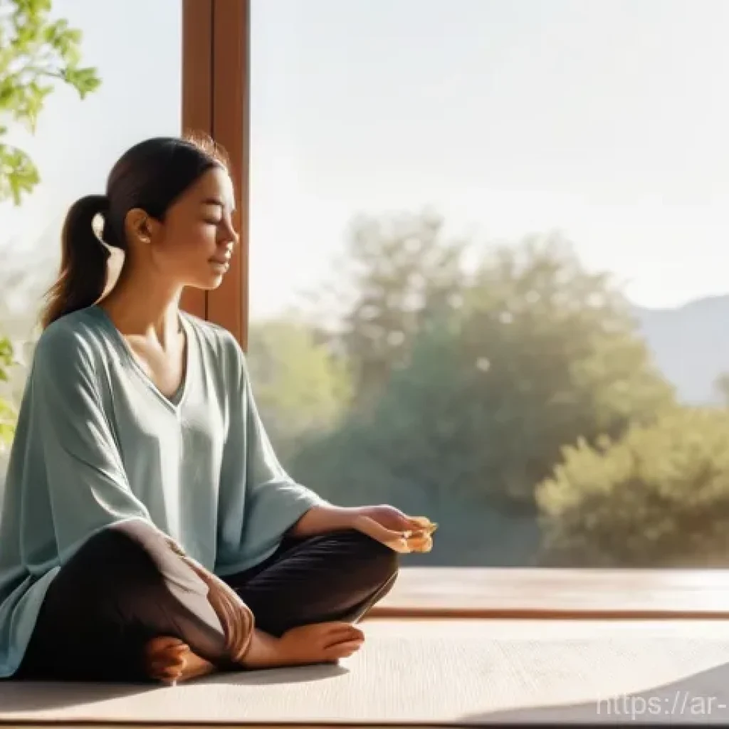 행복을 위한 감성적 건강 - **Prompt 1: Serene Morning Reflection**
    A young woman in her late 20s to early 30s is sitting pe...