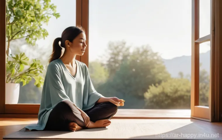 행복을 위한 감성적 건강 - **Prompt 1: Serene Morning Reflection**
    A young woman in her late 20s to early 30s is sitting pe...