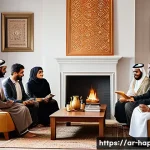 Home 21 행복을 위한 사회적 연결망 만들기 - A warm and inviting scene of a diverse group of Arabic-speaking adults participating in a lively com...