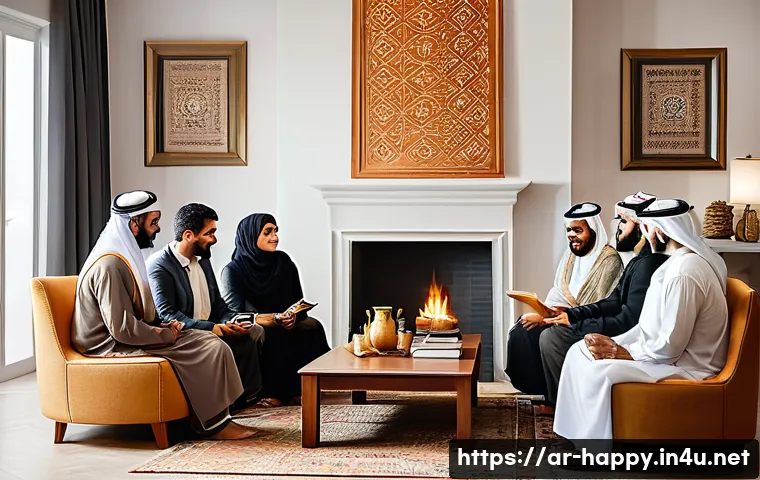 행복을 위한 사회적 연결망 만들기 - A warm and inviting scene of a diverse group of Arabic-speaking adults participating in a lively com...