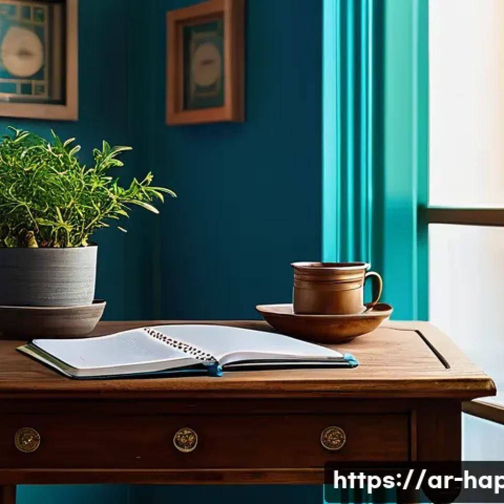 행복을 위한 삶의 여유 - A serene Arabic home office scene at dawn, with soft natural light filtering through sheer curtains....