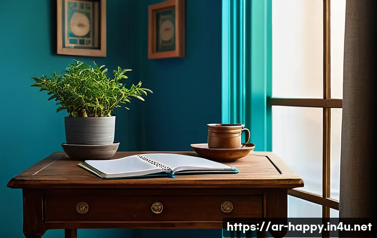 행복을 위한 삶의 여유 - A serene Arabic home office scene at dawn, with soft natural light filtering through sheer curtains....