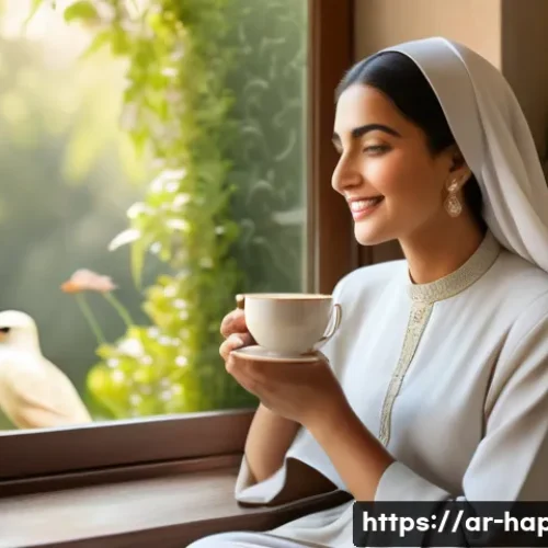 Home 31 행복을 위한 일상에서의 작은 기쁨 - A warm, sunlit scene of an Arabic woman in modest, elegant clothing sitting peacefully by a window o...