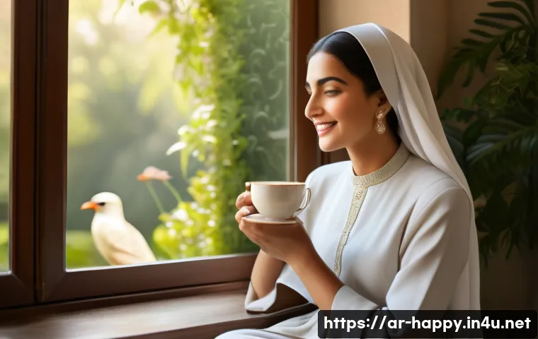 행복을 위한 일상에서의 작은 기쁨 - A warm, sunlit scene of an Arabic woman in modest, elegant clothing sitting peacefully by a window o...