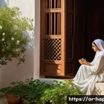 Home 18 행복을 위한 기쁨 찾기 - A serene morning scene in a traditional Arab home, featuring a woman dressed modestly in elegant, co...