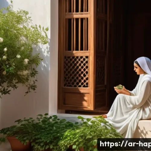 Home 30 행복을 위한 기쁨 찾기 - A serene morning scene in a traditional Arab home, featuring a woman dressed modestly in elegant, co...