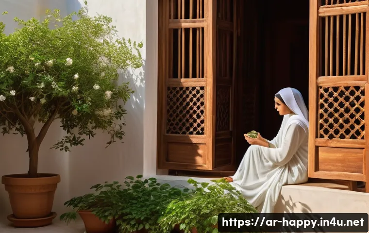 행복을 위한 기쁨 찾기 - A serene morning scene in a traditional Arab home, featuring a woman dressed modestly in elegant, co...