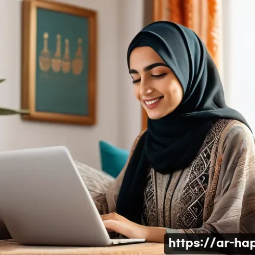 Home 17 행복을 위한 유튜브 채널 추천 - A warm and inspiring scene of an Arab woman in modest but stylish casual clothing sitting in a cozy ...