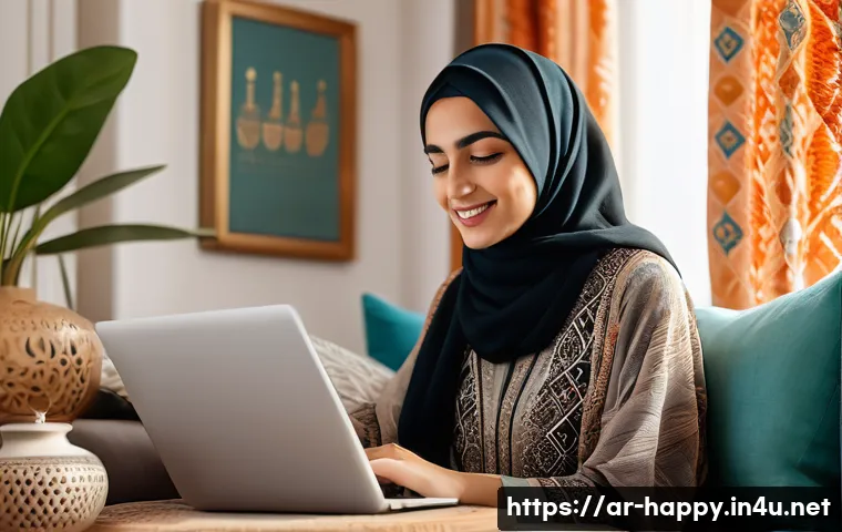 행복을 위한 유튜브 채널 추천 - A warm and inspiring scene of an Arab woman in modest but stylish casual clothing sitting in a cozy ...