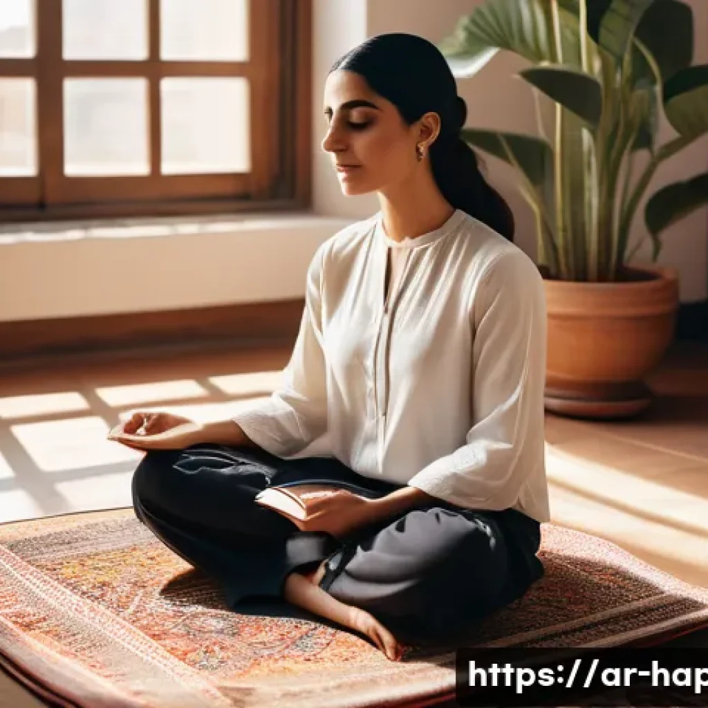 행복을 위한 자기계발 - A serene Middle Eastern woman sitting cross-legged on a traditional patterned carpet in a sunlit roo...