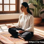 행복을 위한 자기계발 - A serene Middle Eastern woman sitting cross-legged on a traditional patterned carpet in a sunlit roo...