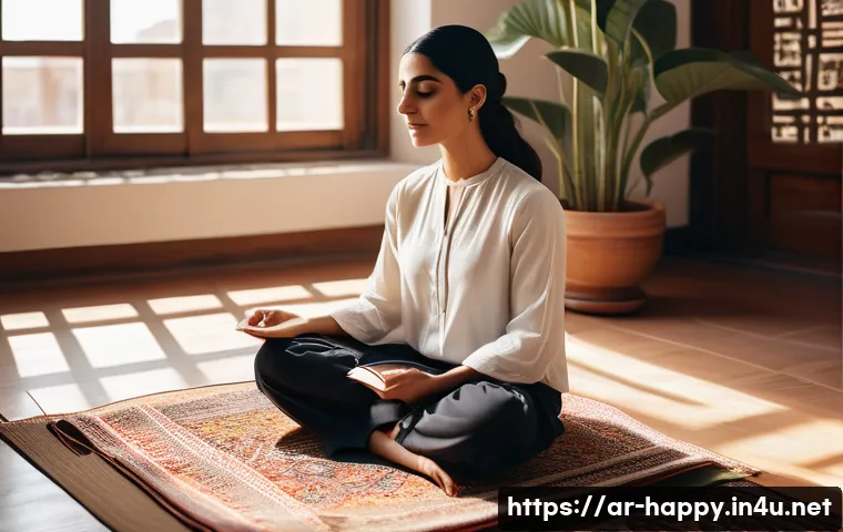 행복을 위한 자기계발 - A serene Middle Eastern woman sitting cross-legged on a traditional patterned carpet in a sunlit roo...