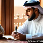 행복을 위한 긍정적 습관 개발 - A serene morning scene in a traditional Arabic home, featuring a Middle Eastern man in modest clothi...