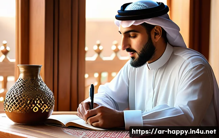행복을 위한 긍정적 습관 개발 - A serene morning scene in a traditional Arabic home, featuring a Middle Eastern man in modest clothi...