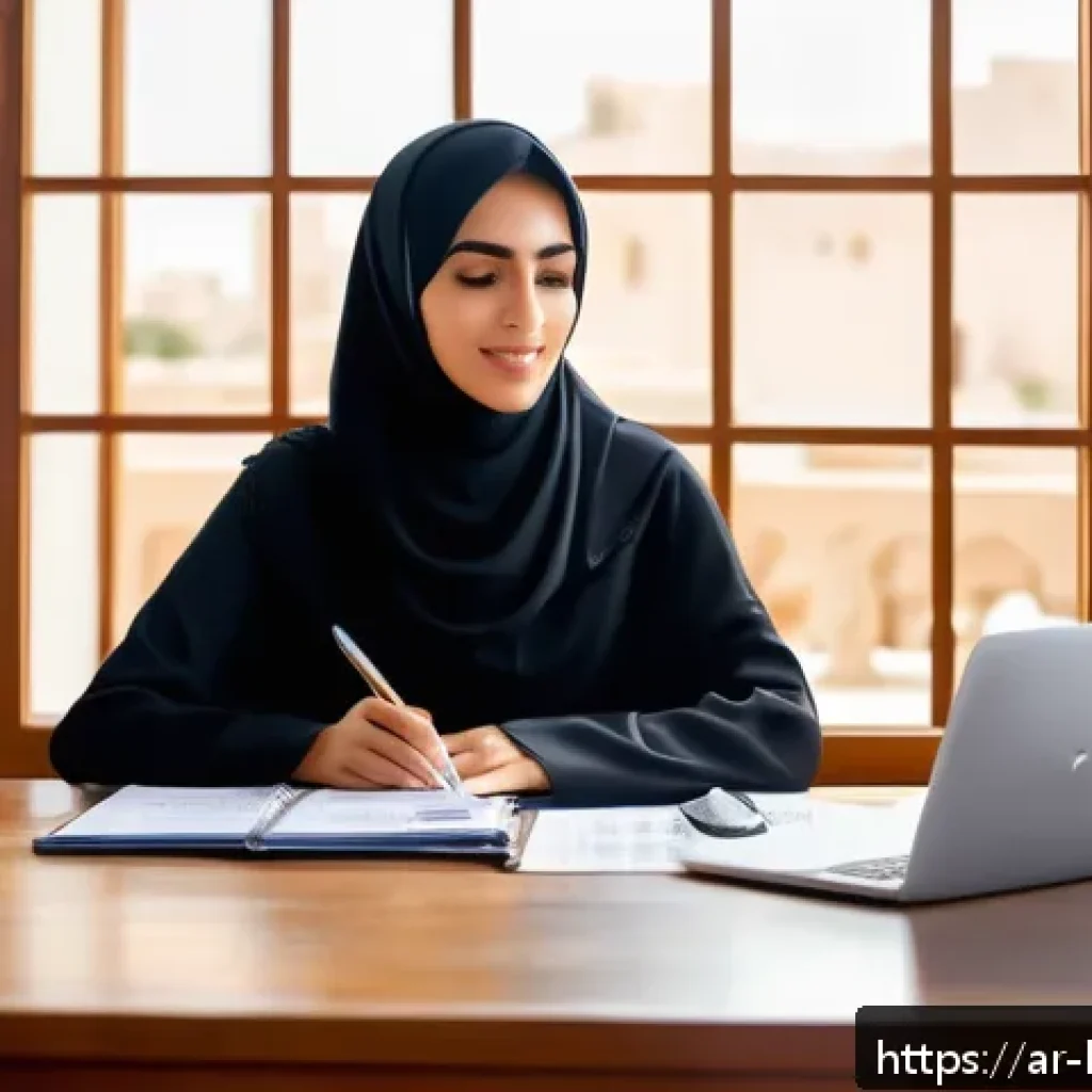 행복을 위한 돈 버는 방법 - A serene Middle Eastern home office scene featuring a young Arab professional woman sitting at a woo...