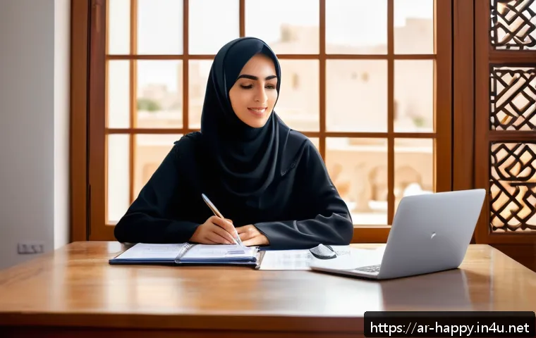 행복을 위한 돈 버는 방법 - A serene Middle Eastern home office scene featuring a young Arab professional woman sitting at a woo...