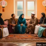 행복한 가족 관계 만들기 - A warm and cozy Arabic family scene set in a traditional Middle Eastern living room during evening t...