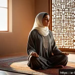 행복을 위한 명상법 - A serene Middle Eastern woman practicing mindfulness meditation at dawn in a softly lit room adorned...