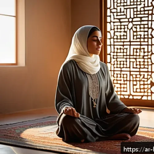 행복을 위한 명상법 - A serene Middle Eastern woman practicing mindfulness meditation at dawn in a softly lit room adorned...