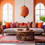 행복을 위한 예술과 창작 활동 - A cozy Arabic-style living room corner bathed in warm natural sunlight, featuring vibrant cushions i...