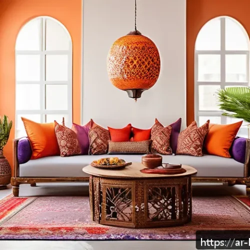 행복을 위한 예술과 창작 활동 - A cozy Arabic-style living room corner bathed in warm natural sunlight, featuring vibrant cushions i...