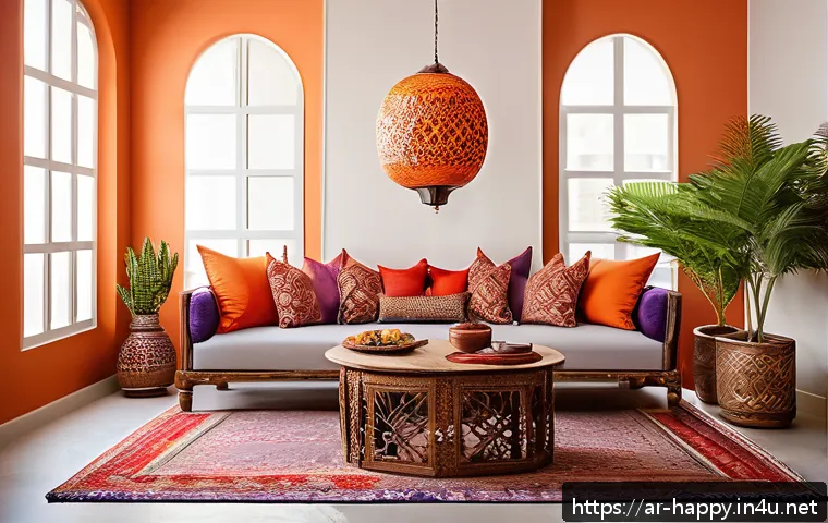 행복을 위한 예술과 창작 활동 - A cozy Arabic-style living room corner bathed in warm natural sunlight, featuring vibrant cushions i...