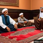 행복을 위한 인간관계 구축 - A warm, intimate scene of a multi-generational Arab family sitting together in a traditional Majlis-...