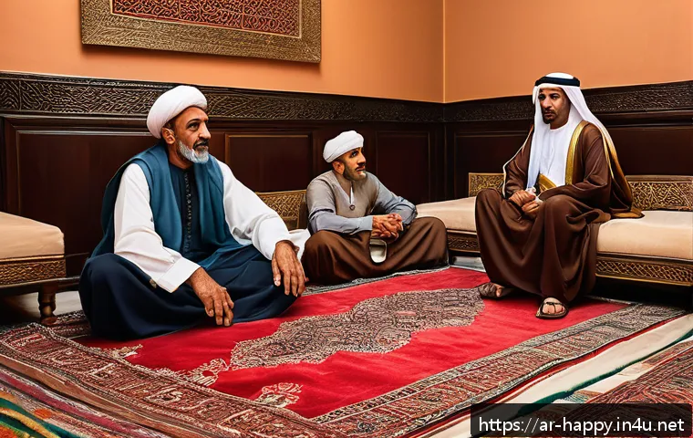 행복을 위한 인간관계 구축 - A warm, intimate scene of a multi-generational Arab family sitting together in a traditional Majlis-...