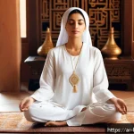 행복을 위한 자기성찰 - A serene Middle Eastern woman wearing modest, elegant clothing, sitting cross-legged on a traditiona...