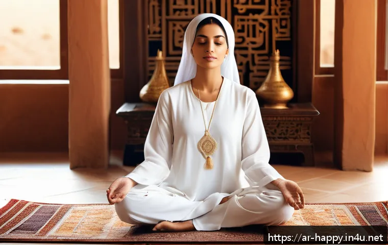 행복을 위한 자기성찰 - A serene Middle Eastern woman wearing modest, elegant clothing, sitting cross-legged on a traditiona...