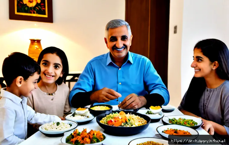 행복을 위한 가족 구성원과의 시간 - Photorealistic multigenerational Arab family sharing a relaxed evening meal in a bright modern home ...