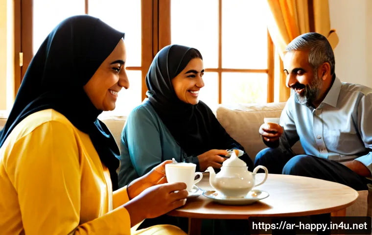 행복의 심리학 - Photorealistic warm morning scene of a multigenerational Arab family sharing tea and conversation in...