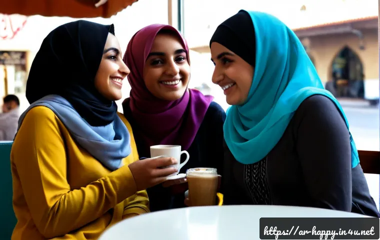 Home 17 행복한 친구 사귀는 법 - Photorealistic candid scene of three young Arab adults forming a new friendship in a bright neighbor...
