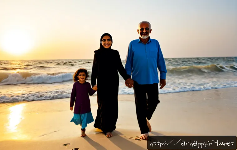 행복을 위한 가족과의 여행 - Photorealistic multi-generational Arab family enjoying a joyful seaside holiday at sunset, grandpare...